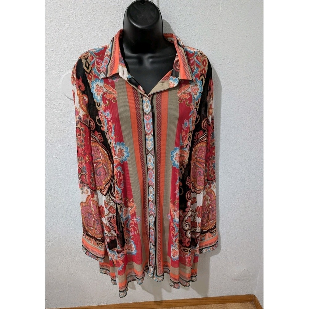Chico's Travelers Mesh Jacket Size 3 XL Coral Paisley Print Lightweight‎ Travel